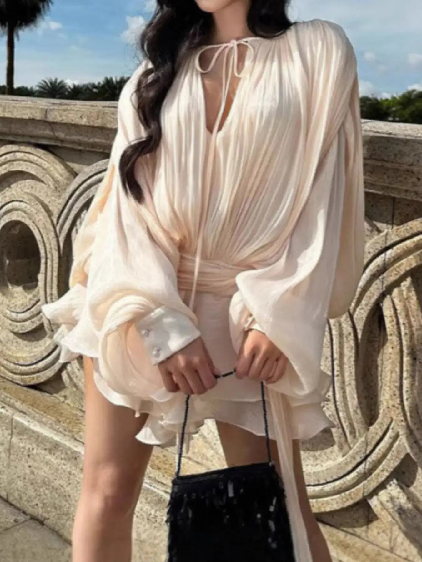 Chiffon Tie Neck Long Sleeve Mini Dress - Bela Fils BoutiqueBela Fils Boutique